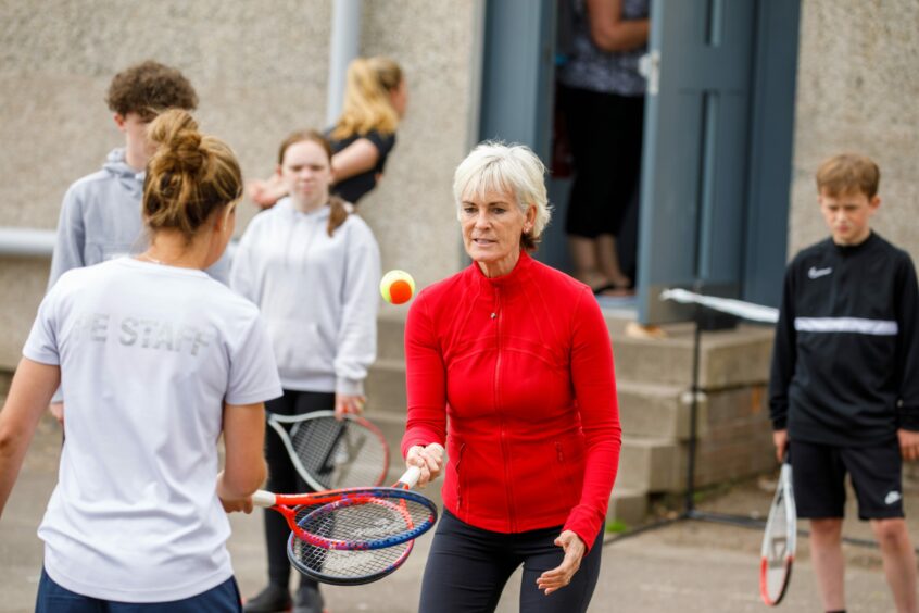 Judy Murray coaching pupils at Perth Grammar School