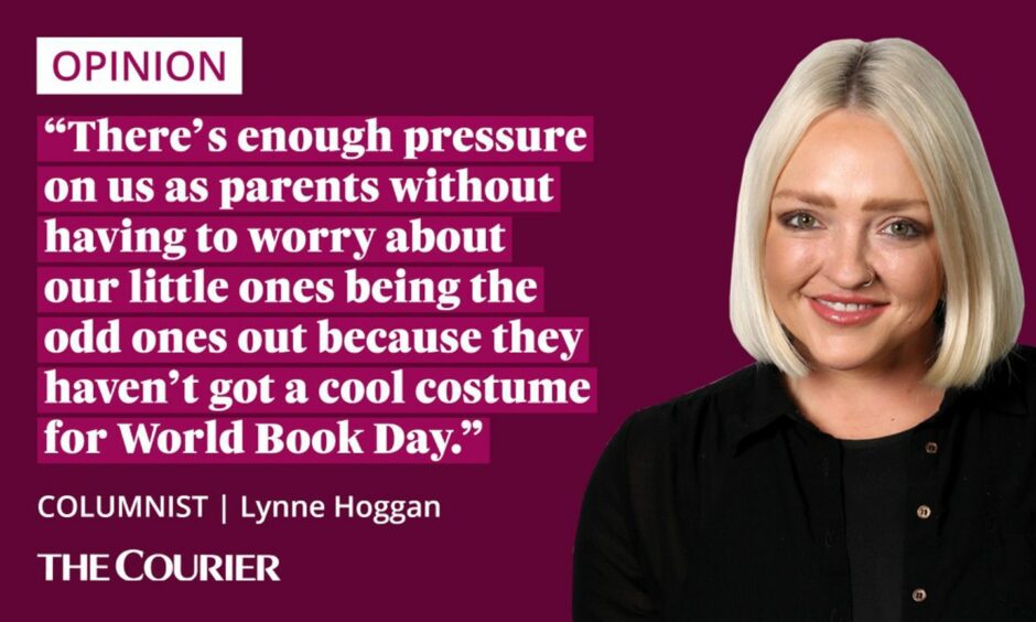 The writer Lynne Hoggan next to a quote: "There's enough pressure on us as parents without having to worry about our little ones being the odd ones out because they haven't got a cool costume for World Book Day."