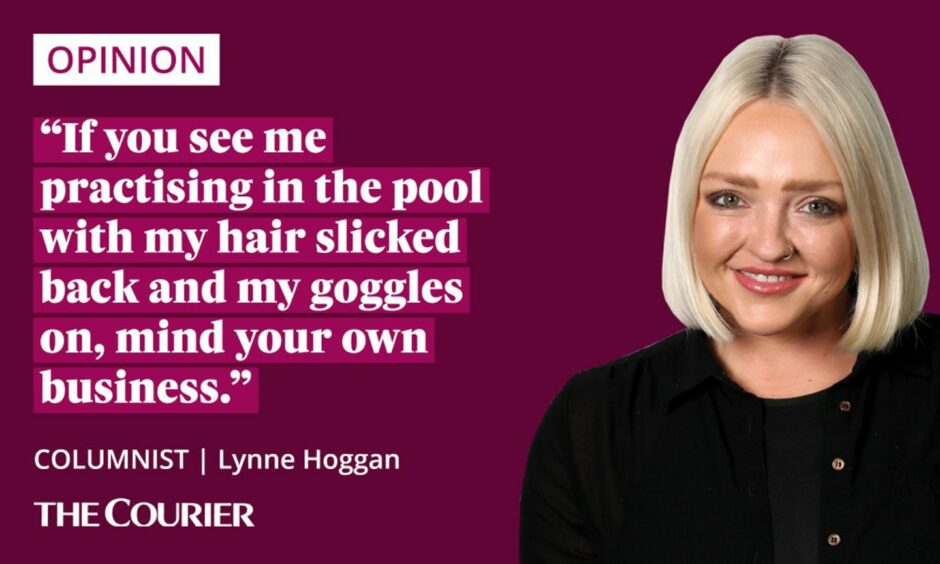 The writer Lynne Hoggan next to a quote: "if you see me practising in the pool with my hair slicked back and my goggles on, mind your own business."