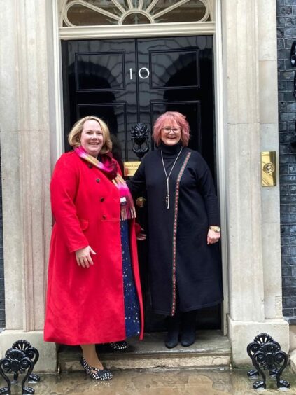 Mhor Coffee owner Tricia Fox and general manager Jennifer Poutney outside 10 Downing Street.