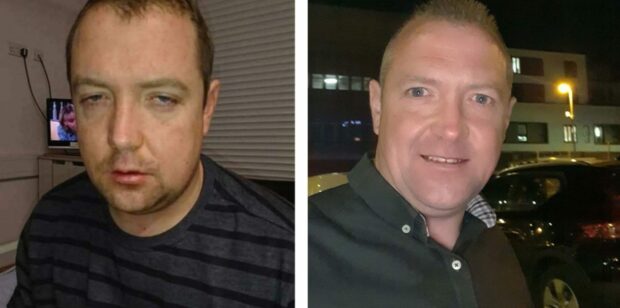 Jamie during (left) his alcohol addiction and now he has recovered, right. Image: Jamie Lycnh.
