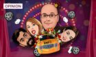 cartoon-style image of SNP chief executive Peter Murrell driving a clown car with the SNP leadership candidates hanging off the back.