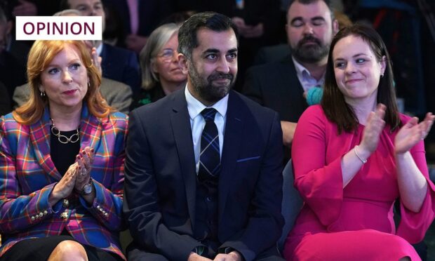 New First Minister Humza Yousaf (centre) alongside fellow contenders Ash Regan and Kate Forbes. Image: PA