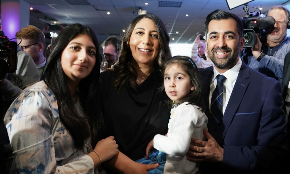 Humza Yousaf with his family following the leadership election.
