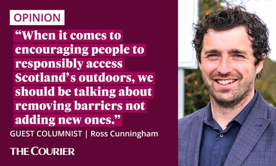 The writer Ross Cunningham next to a quote: "When it comes to encouraging people to responsibly access Scotland’s outdoors, we should be talking about removing barriers not adding new ones."