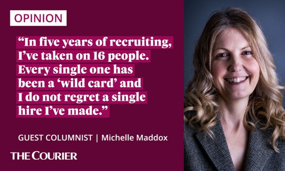 Image shows the writer Michelle Maddox next to a quote: "In five years of recruiting, I’ve taken on 16 people. Every single one has been a “wild card” and I do not regret a single hire I’ve made."