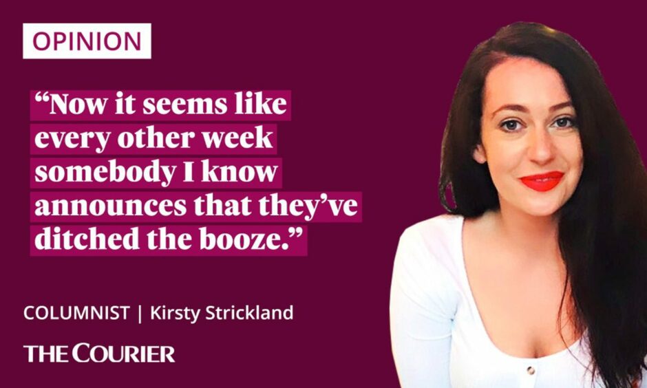 The writer Kirsty Strickland next to a quote: "Now it seems like every other week somebody I know announces that they’ve ditched the booze."