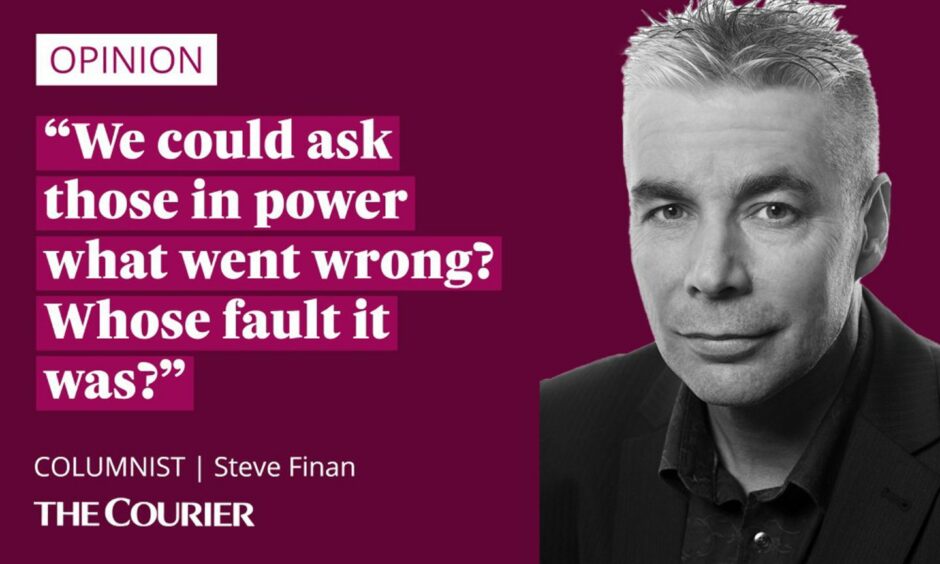 The writer Steve Finan next to a quote: "We could ask those in power what went wrong? Whose fault it was?"