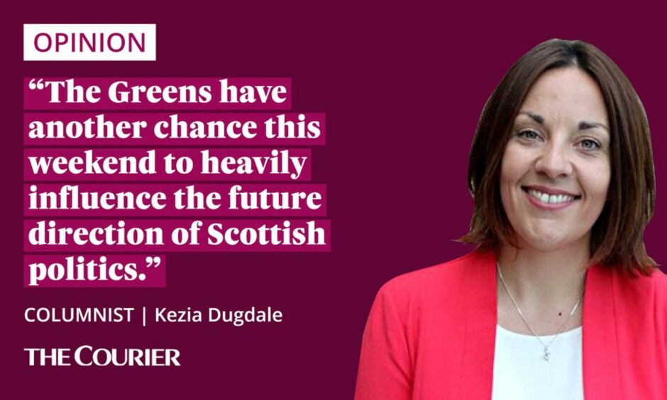 The writer Kezia Dugdale next to a quote: "The Greens have another chance this weekend to heavily influence the future direction of Scottish politics."