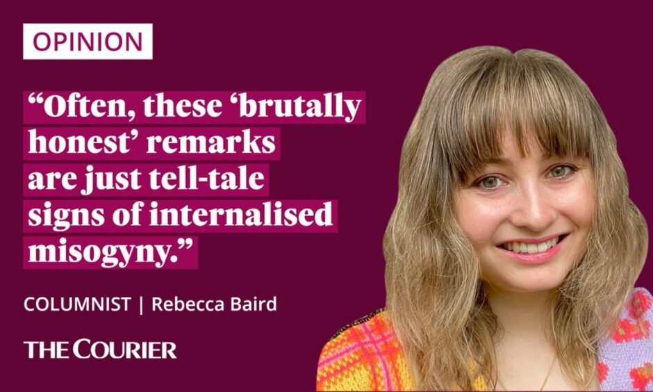 The writer Rebecca Baird next to a quote: "Often, these 'brutally honest' remarks are just tell-tale signs of internalised misogyny."