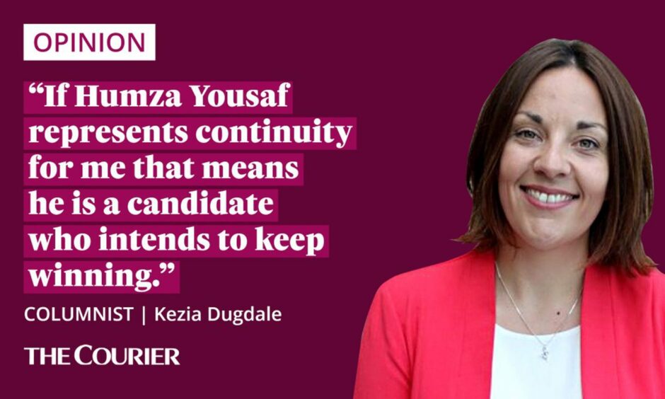 The writer Kezia Dugdale next to a quote: "If Humza Yousaf represents continuity for me that means he is a candidate who intends to keep winning."