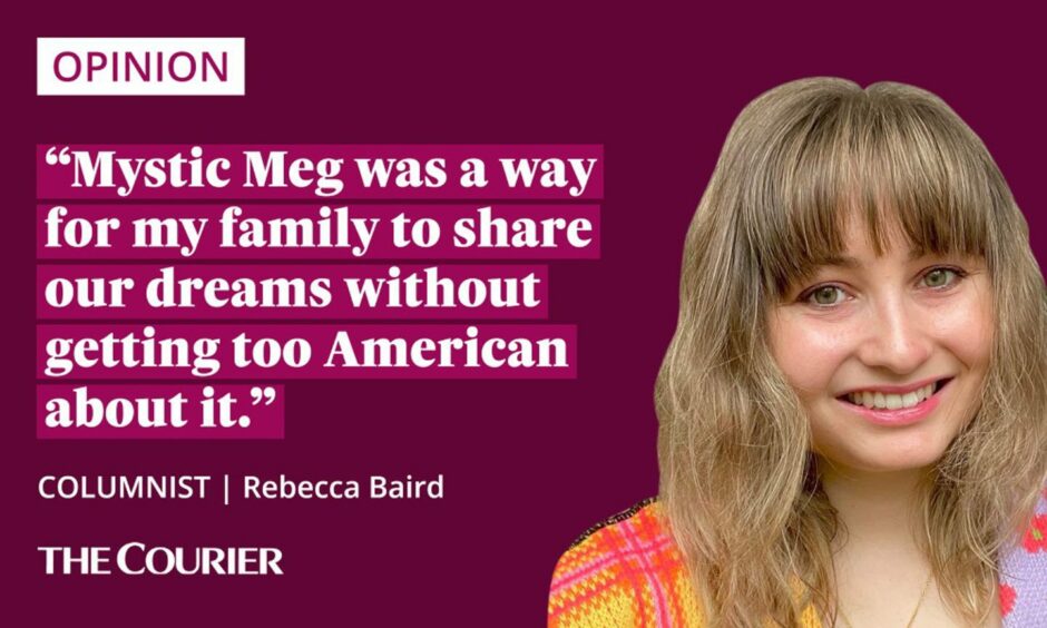 The writer Rebecca Baird next to a quote: "Mystic Meg was a way for my family to share our dreams without getting too American about it."