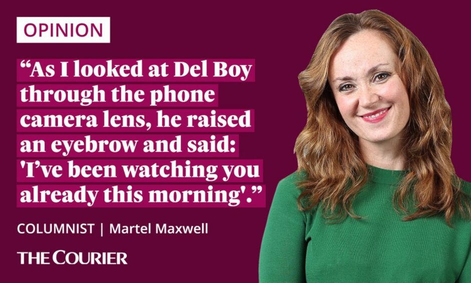 the writer Martel Maxwell next to a quote: “As I looked at Del Boy through the phone camera lens, he raised an eyebrow and said: 'I’ve been watching you already this morning'.” 