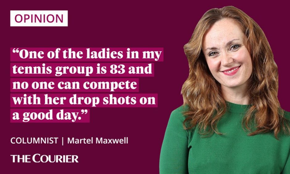 The writer Martel Maxwell next to a quote: "One of the ladies in my tennis group is 83 and no one can compete with her drop shots on a good day."