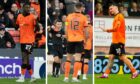 Loick Ayina (left), Ryan Edwards and Tony Watt have been at the centre of VAR controversies for Dundee United this season. Images: SNS