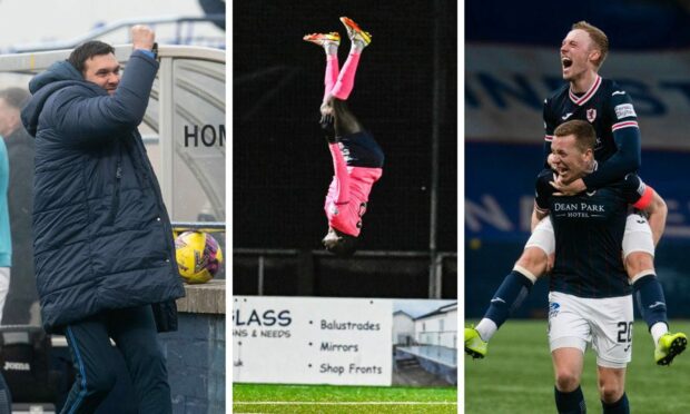 From left: Manager Ian Murray; striker William Akio; and Scott Brown and Ross Millen. Images SNS.