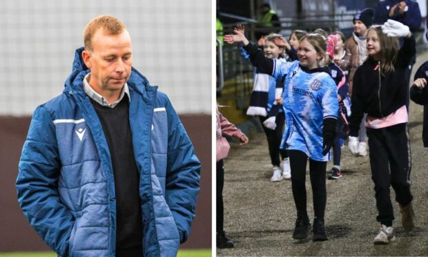 Dundee head of academy Stephen Wright (left, SNS) and the club's U/8 girls team wave to fans at Dens Park (right, David Young).