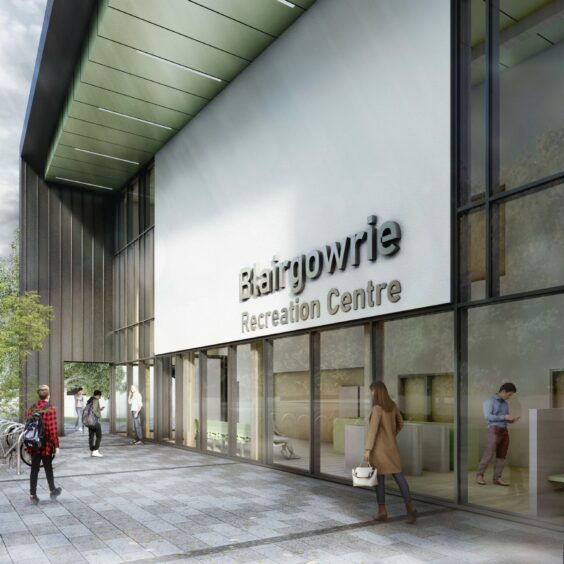 Artist impression of modern timber and glass fronted building with Blairgowrie recreation centre sign