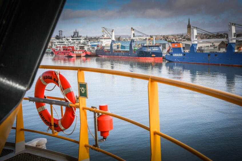 Montrose from the deck of the Edda Brint wind service operation Vessel (SOV) docked in the town's harbour