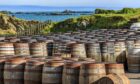 Scotch whisky barrels lined up seaside on the Island of Islay, Scotland UK