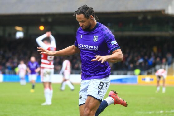 Kwame Thomas scored his first Dundee goal as he made it 7-0 against Hamilton. Image: David Young/Shutterstock.