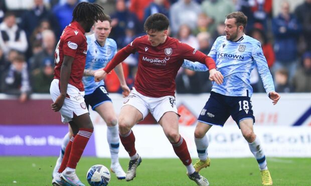 Michael McKenna was a constant threat for Arbroath against Dundee. Image: David Young / Shutterstock