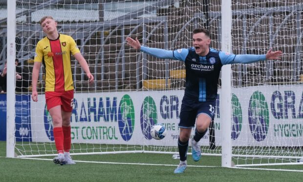 Ben Armour celebrates his winner for Forfar against Albion Rovers. Image: Paul Reid / DCT Media