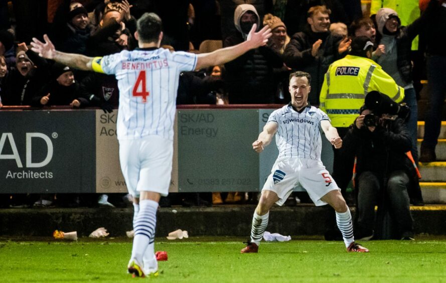 Chris Hamilton and skipper Kyle Benedictus celebrate during Dunfermline's victory over Falkirk in March last year. 