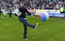 Dunfermline manager James McPake celebrates the title win. Image: SNS.