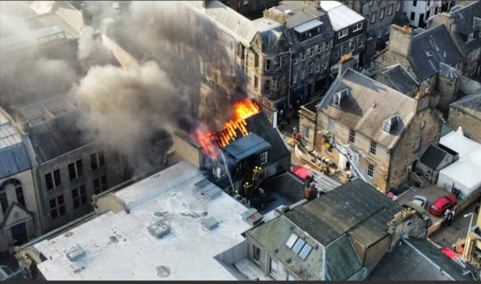 An aerial shot of the fire at Dunfermline restaurant Khushi's. Image: Fife Jammer Locations/Facebook.