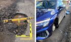 The scene after one woman's car hit an Angus pothole. A blue car has no front nearside tyre.
