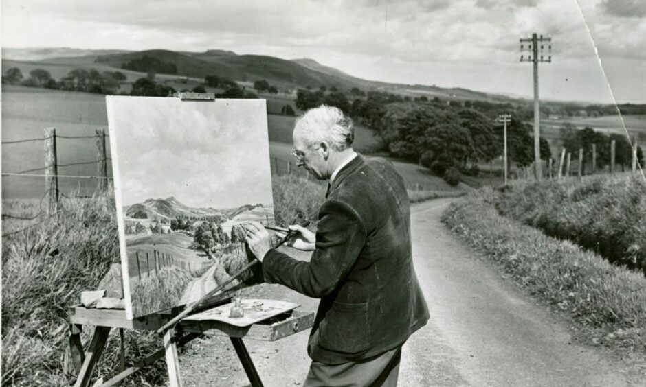 Artist James McIntosh Patrick at Brae of Balshandie in 1956.