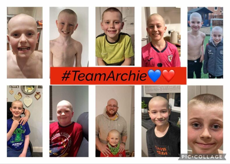 Collage featuring Owen Wotherspoon, 9, Jake Anderson, 9, Oliver Hutchison, 9, Alexander Daly, 9, Millar Maxwell, 9, and Archie Sinclair, 9, Caoran Dick, 9, Quinn Anderson, 9, Findlay Spence, 9, with dad Craig who also shaved his head, Lewis Anderson, 10, and Finlay Bruce, 9. 