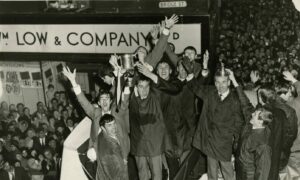 Dunfermline Athletic FC, denied their lap of honour at Hampden, enjoy the adulation of the crowds back in Dunfermline. Image: DC Thomson.