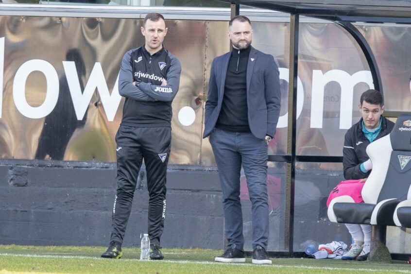 Dunfermline's James McPake and assistant Dave Mackay. Image: Craig Brown.