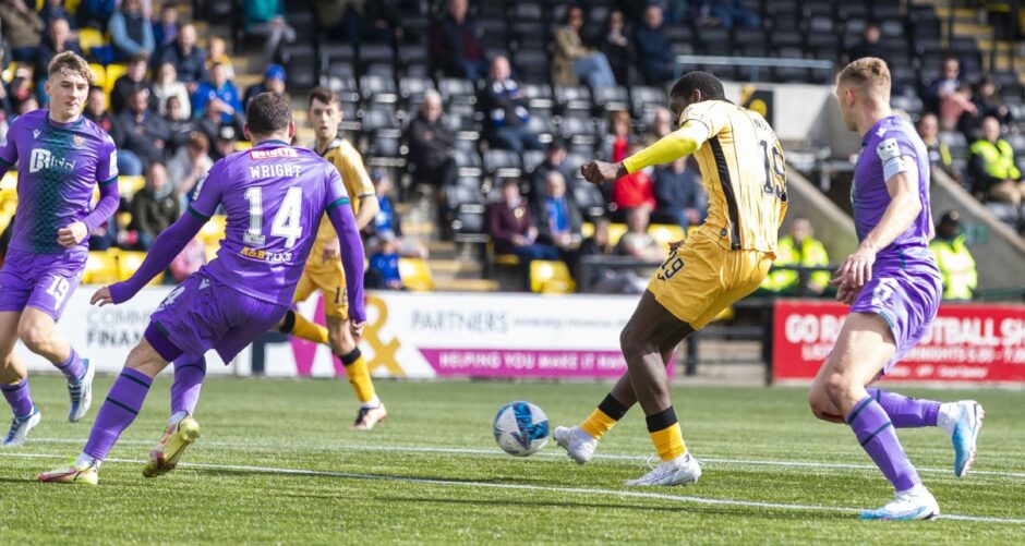 Joel Nouble scores to make it 1-0 for Livingston the last time Saints played on plastic.
