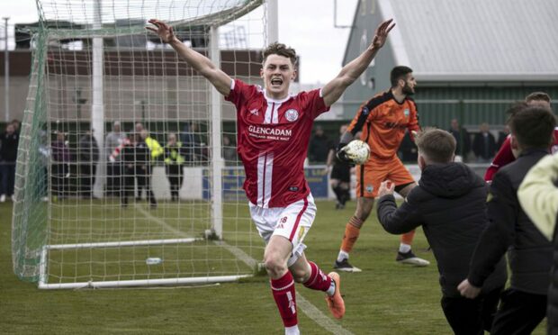 Ewan Loudon celebrates his opening goal for Brechin City against Buckie Thistle. Image: Brechin City FC.