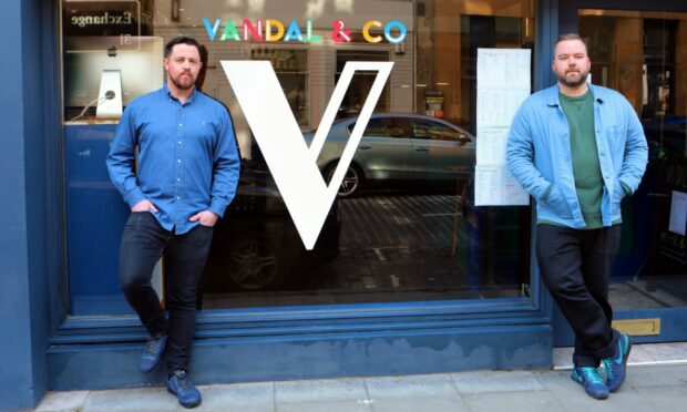 Corey Buxton and Jonnie Armitage outside Vandal & Co in Dundee. Image: Gareth Jennings/DC Thomson