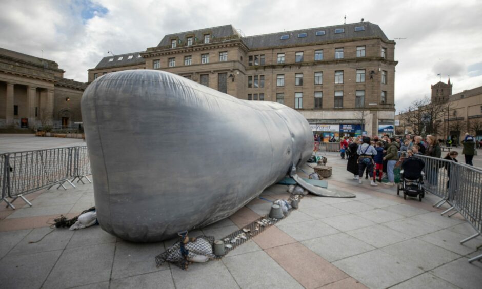 An inflatable whale in City Square, Dundee, during Think Thursdays initative