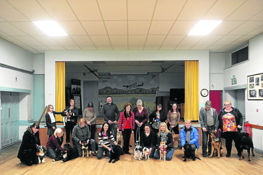 Dogs and their owners at one of Margaret's training classes in Tealing Hall in 2018.
