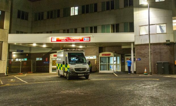 General view (GV) at night of the entrance to the Emergency Department, Ninewells Hospital.