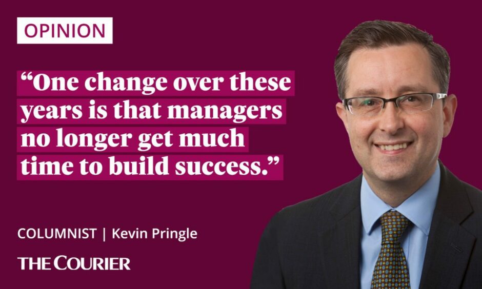 The writer Kevin Pringle next to a quote: "One change over these years is that managers no longer get much time to build success."