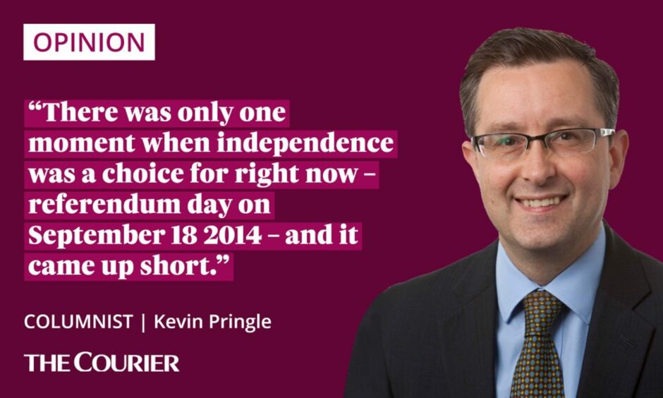 The writer Kevin Pringle next to a quote: "There was only one moment when independence was a choice for “right now” – referendum day on September 18 2014 – and it came up short."