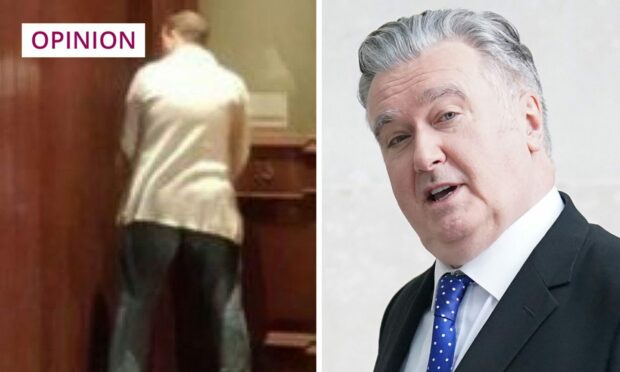 blurry photo of man urinating and head and shoulders photo of John Nicolson MP.