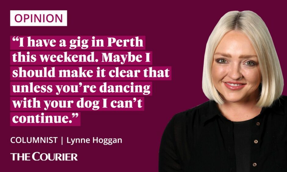 The writer Lynne Hoggan next to a quote: "I have a gig in Perth this weekend. Maybe I should make it clear that unless you're dancing with your dog I can't continue."