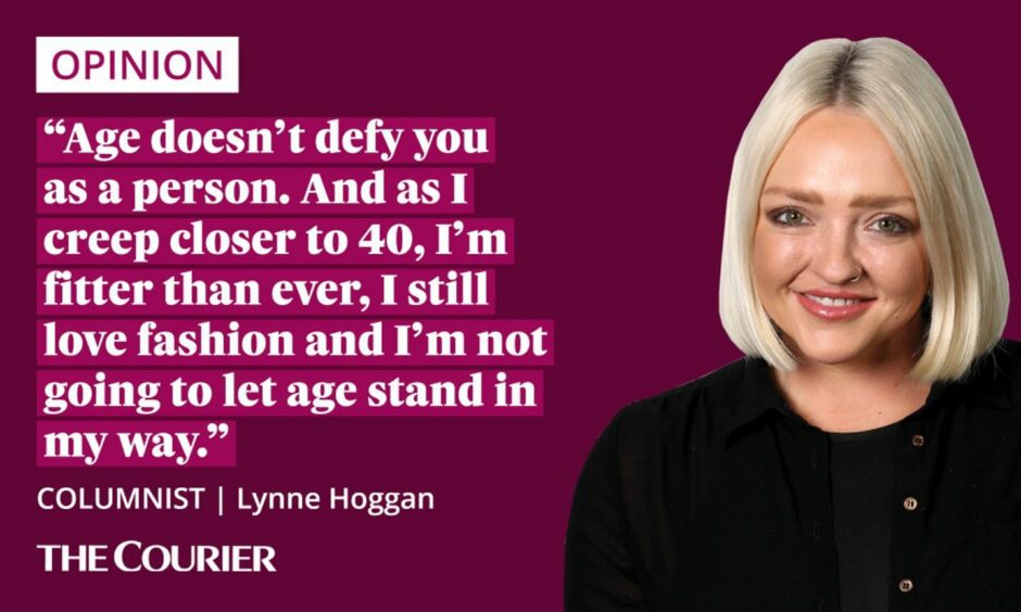 The writer Lynne Hoggan next to a quote: "Age doesn't defy you as a person. And as I creep closer to 40, I'm fitter than ever, I still love fashion and I'm not going to let age stand in my way."