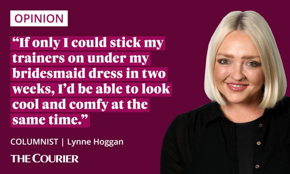 The writer Lynne Hoggan next to a quote: "If only I could stick my trainers on under my bridesmaid dress in two weeks, I'd be able to look cool and comfy at the same time."