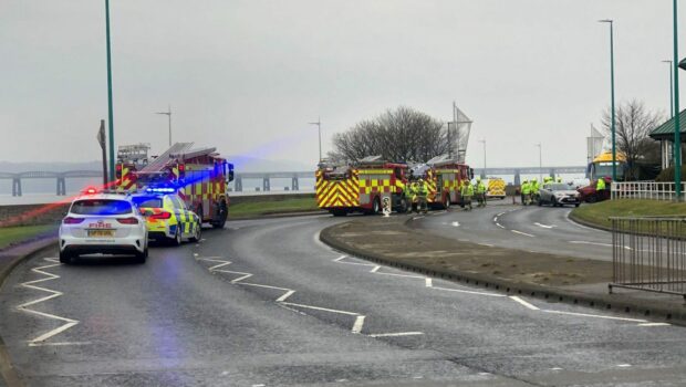 Emergency services at the scene on Riverside Drive in Dundee. Image: James Simpson/DC Thomson