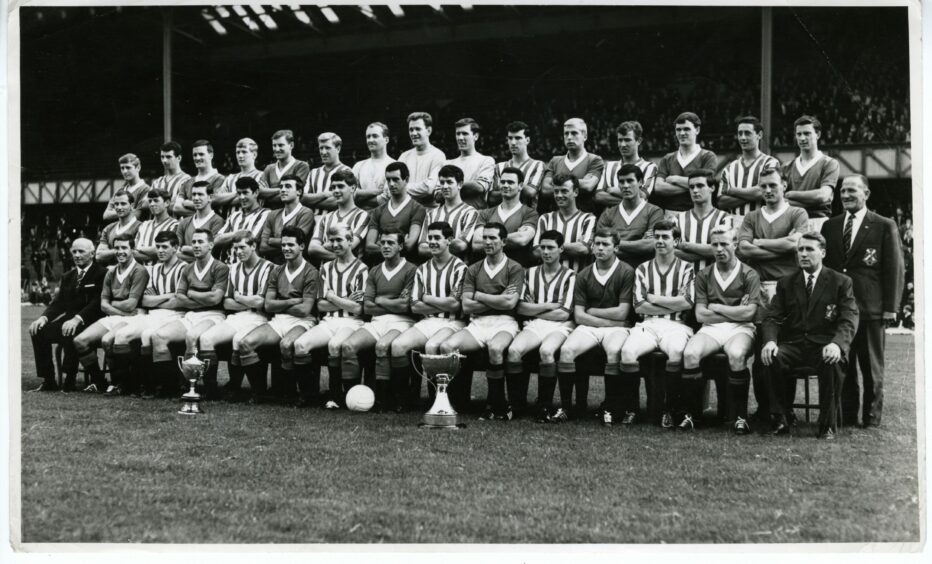 Willie Mathieson, third from right in the back row, and Willie Johnston, third from right in the front row, with the 1965 Rangers team.