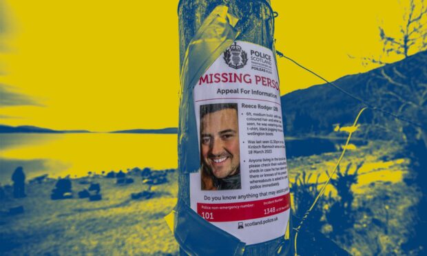 a missing persons poster for Fife man Reece Rodger at Loch Rannoch